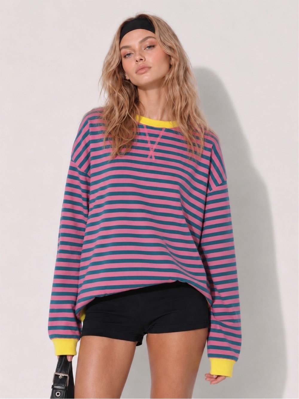 Striped Pink & Green Crewneck Sweatshirt with Yellow Rib
